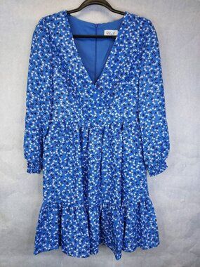 Eliza J Faux Wrap Midi Dress Women's 6 Blue Cherry Print Puff Sleeve Ruffle Hem